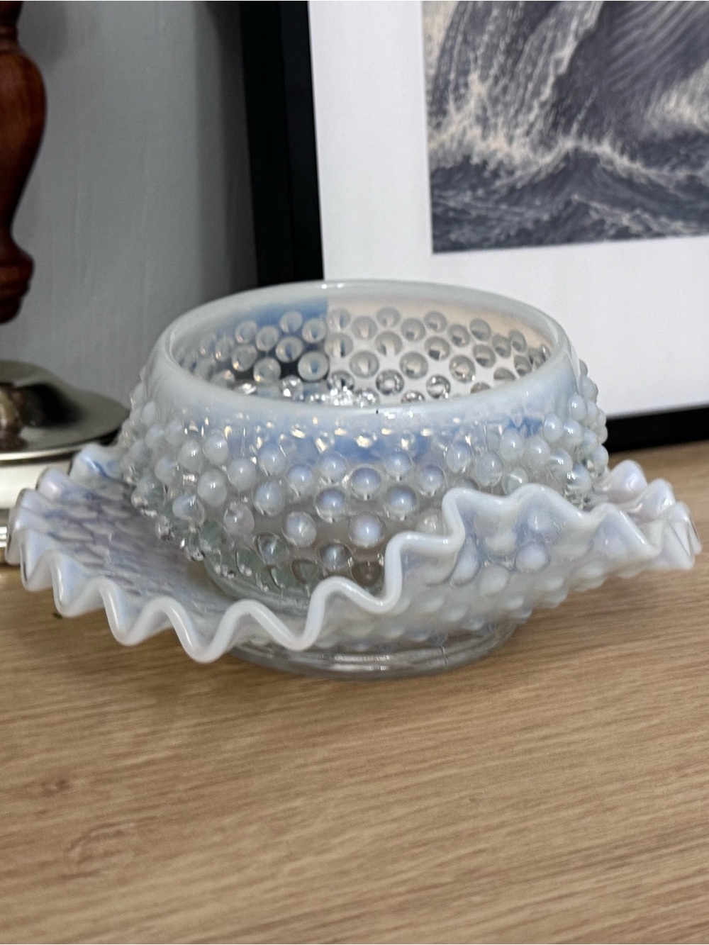 Vintage Hobnail Milk Glass Bowl with Ruffled Edge